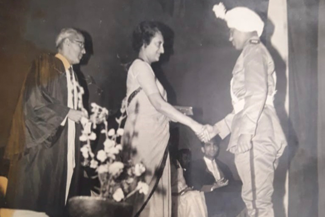 Smt Indira Gandhi, Hon’ble Information and Broadcasting Minister presenting Best Cadet Award to Cadet Sanjeev Narula at SS Kunjpura in 1964